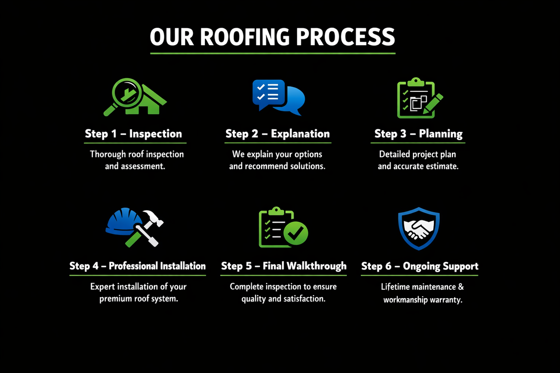 Roofing process infographic on black background with six colorful steps and icons