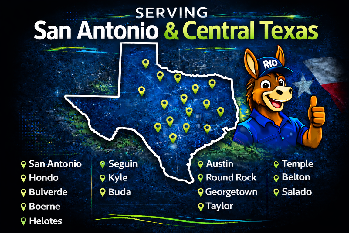 Blue map of San Antonio & Central Texas with Bobcat mascot and city list on black background.