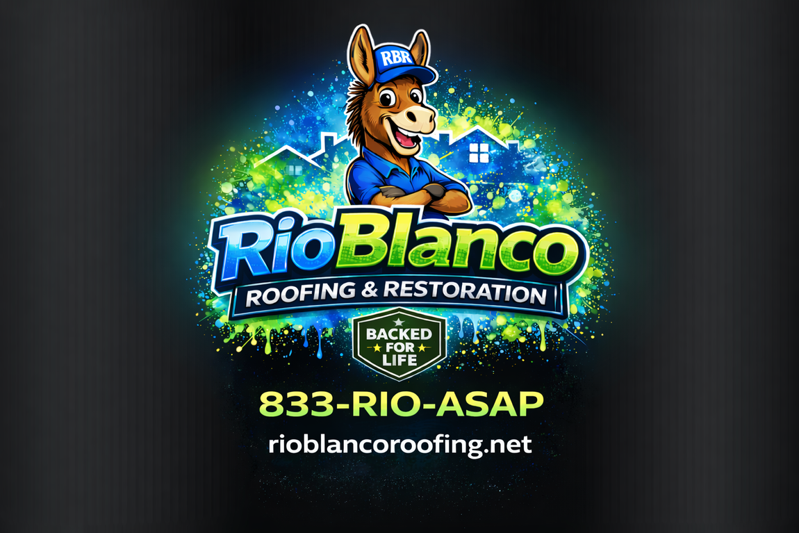 Rio Blanco Roofing & Restoration logo with a cartoon dog, phone number, and website on a dark background