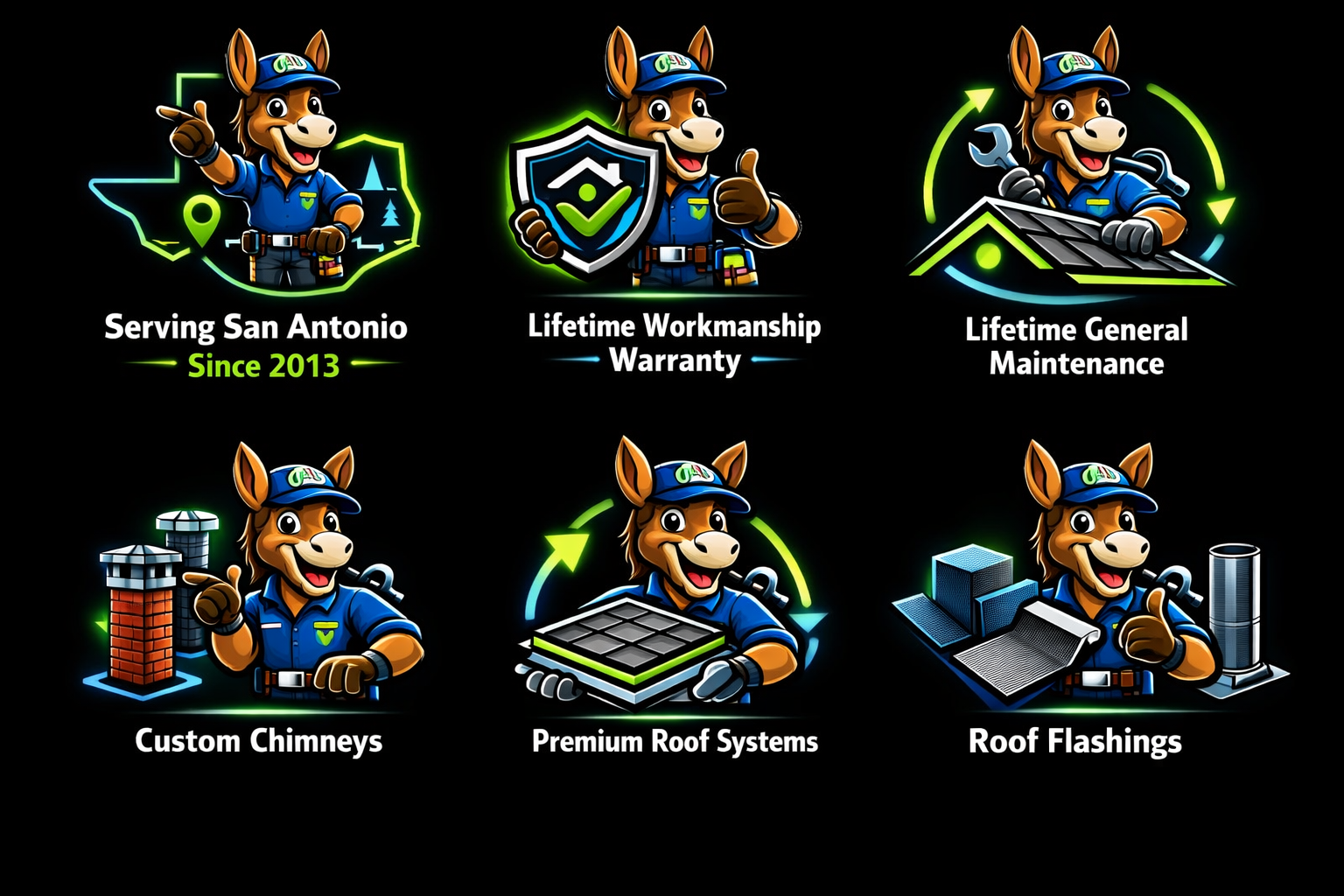 Six cartoon service logos for San Antonio roofing: gutters, warranties, maintenance, chimneys, roof systems, flashing