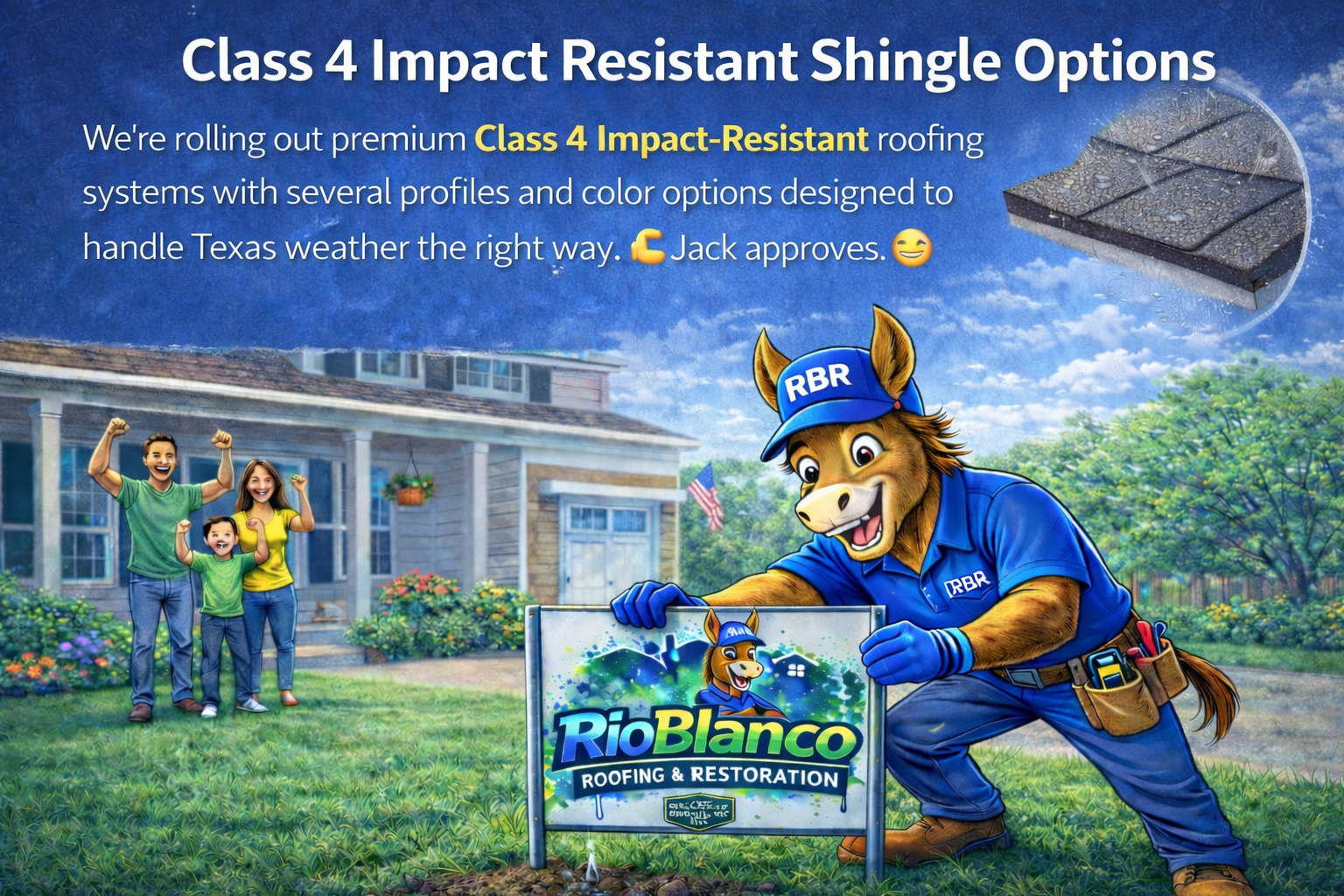 Blue roof shingle ad with a superhero dog mascot and family standing by a house in a sunny yard