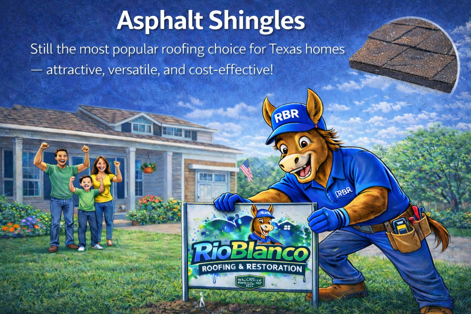 Asphalt shingles ad with roofer mascot, family, house, and Rio Blanco Roofing sign on a sunny lawn