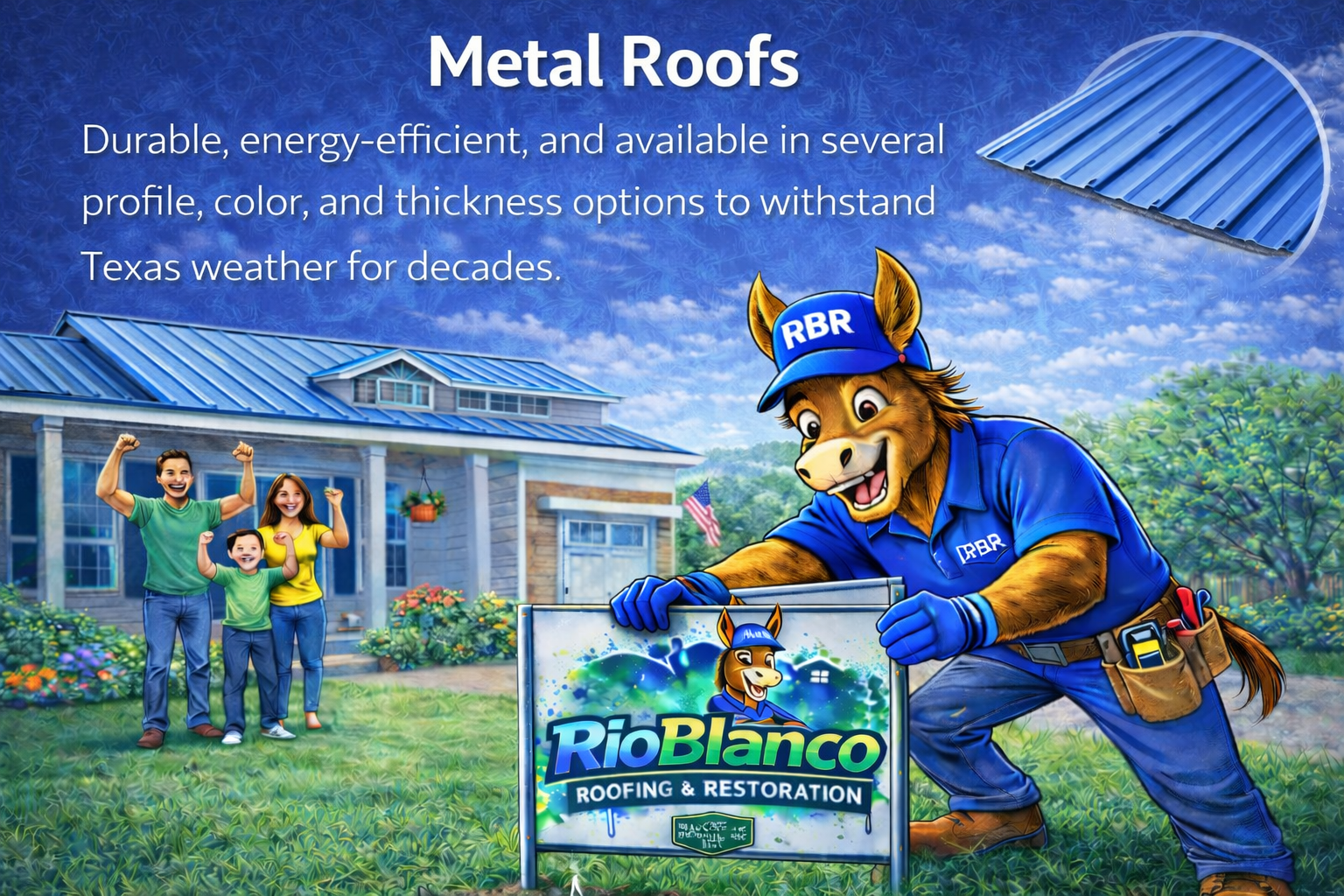 Blue roofing ad with a mascot in a cap, house, and family, promoting Rio Blanco Roofing & Restoration.