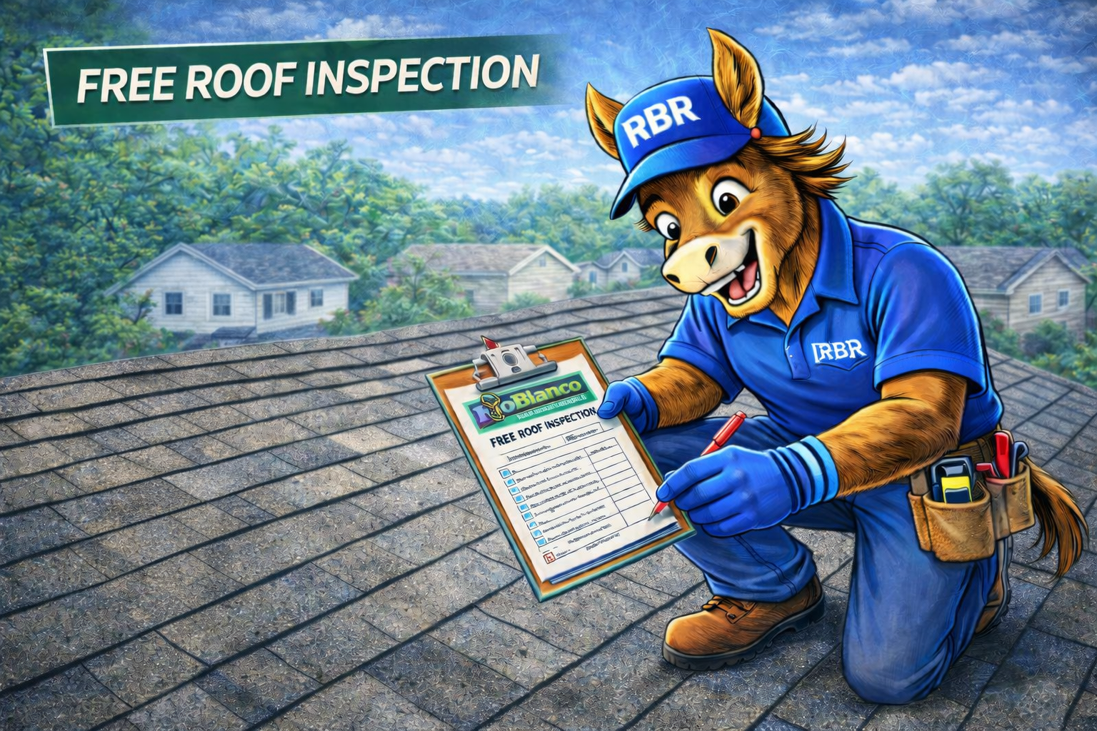 Roof inspector kneels on shingles holding a checklist beside a “FREE ROOF INSPECTION” banner.