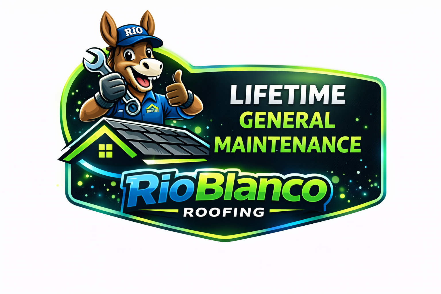 Rio Blanco Roofing logo with cartoon roofer, roof, and “Lifetime General Maintenance” text