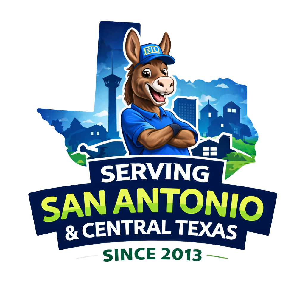 Mascot donkey in blue cap and shirt over text: “Serving San Antonio & Central Texas Since 2013.”