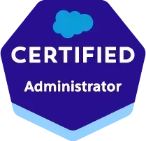 Salesforce Certified Administrator badge: blue hexagonal with white text and a cloud.