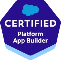 Salesforce Certified Platform App Builder badge: blue hexagon with cloud logo and text