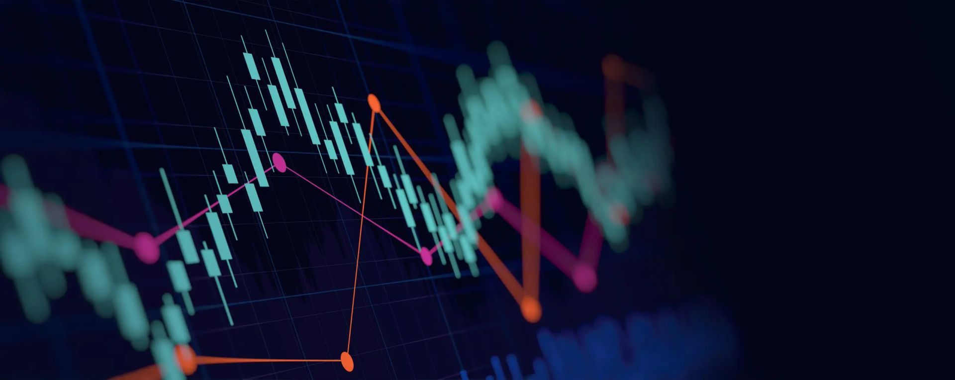Stock market graph with teal, orange, and pink lines on a dark blue background.