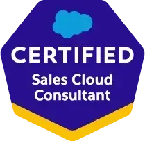Salesforce Certified Sales Cloud Consultant badge. Blue and gold hexagon with Salesforce logo and text.
