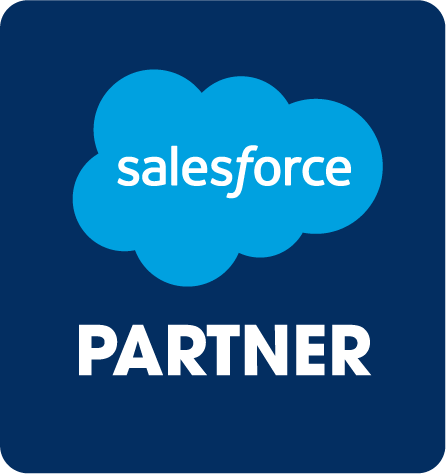 Salesforce mascot, a bear-like figure, points to a laptop with data and a mobile device with video tutorials.