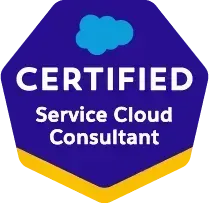Salesforce Certified Service Cloud Consultant badge. Dark blue and gold. Cloud logo.