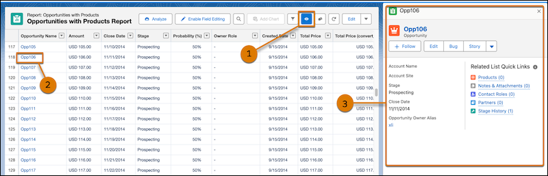 Annotated software interface screenshot with orange callouts highlighting toolbar, data table, and right-side details pane