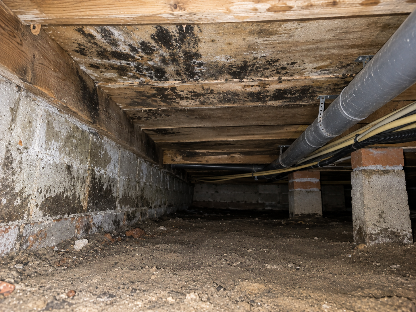 Detailopname van een beschadigde muurplint met afbladderende roze verf, blootliggend hout en een gebarsten betonnen vloer.