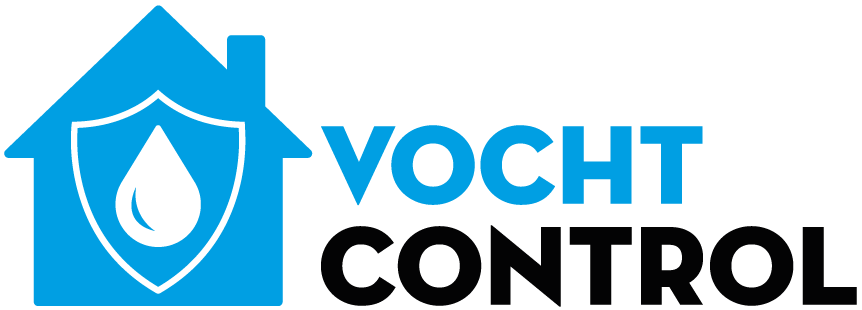 Vocht Control-logo met een blauw huis en een waterdruppelpictogram op een witte achtergrond.