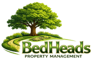 Logo for BedHeads Property Management with a green oak tree on a grassy hill over the company name in green text.