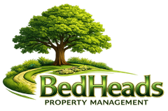 Logo for BedHeads Property Management with a green oak tree on a grassy hill over the company name in green text.