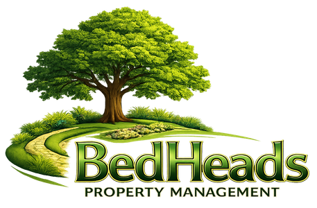 Logo for BedHeads Property Management with a green oak tree on a grassy hill over the company name in green text.