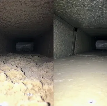 A before and after picture of a dirty air duct.