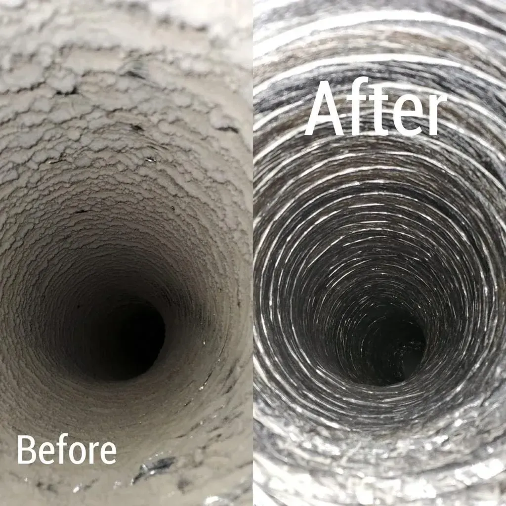 A before and after picture of a duct that has been cleaned.