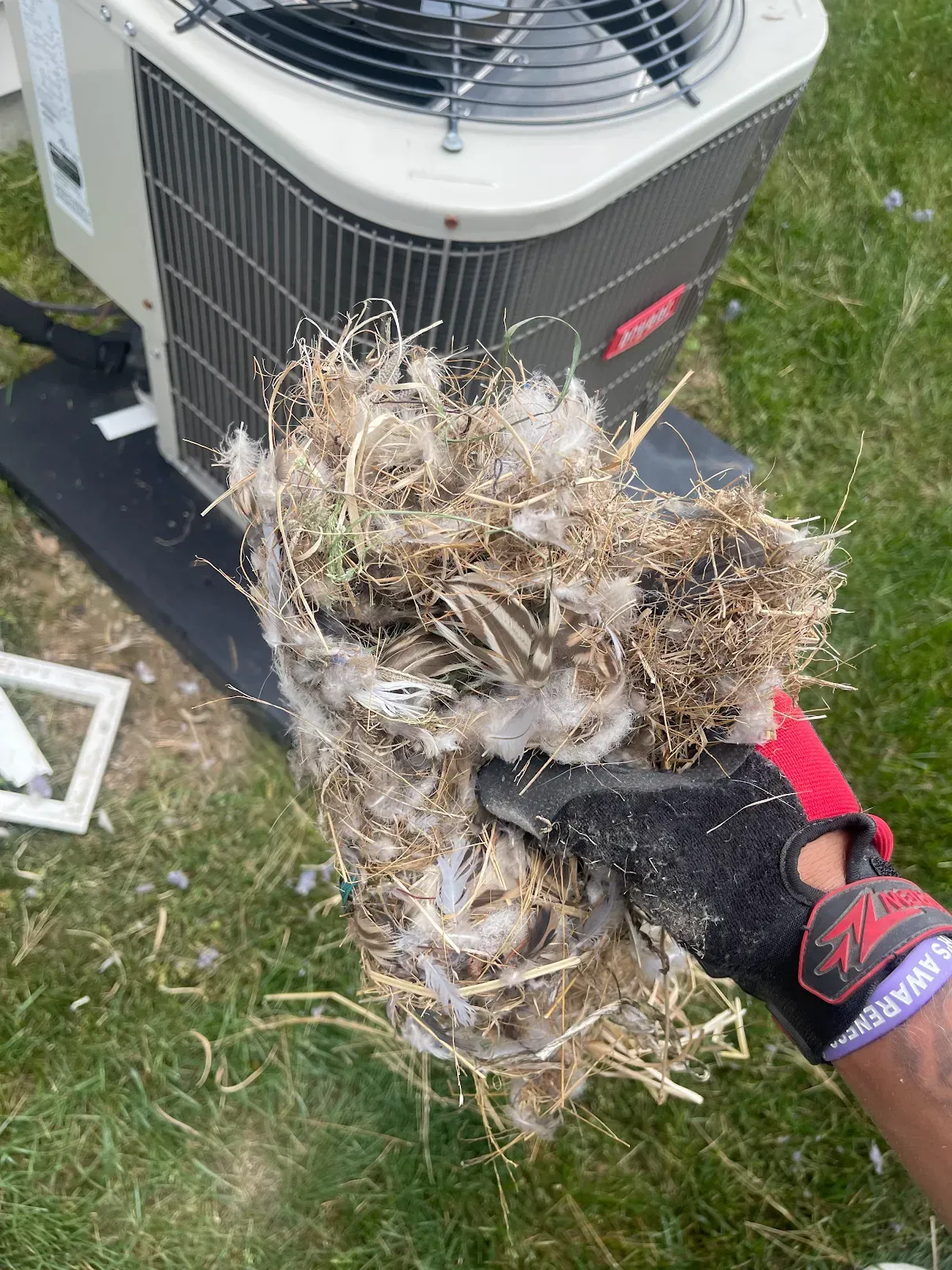 A person is holding a pile of feathers in front of an air conditioner.
