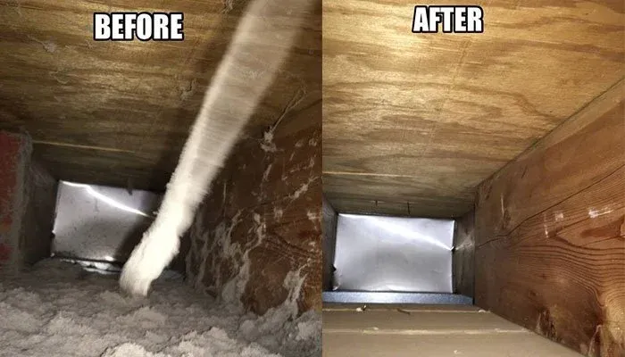 A before and after picture of a duct being cleaned.