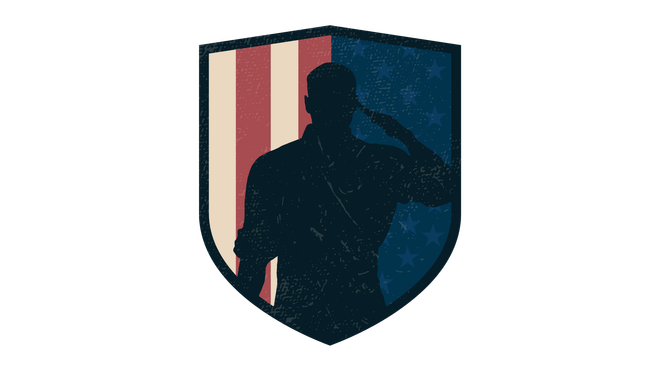 A silhouette of a soldier saluting in front of an american flag on a shield.