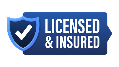A blue licensed and insured button with a check mark on it.