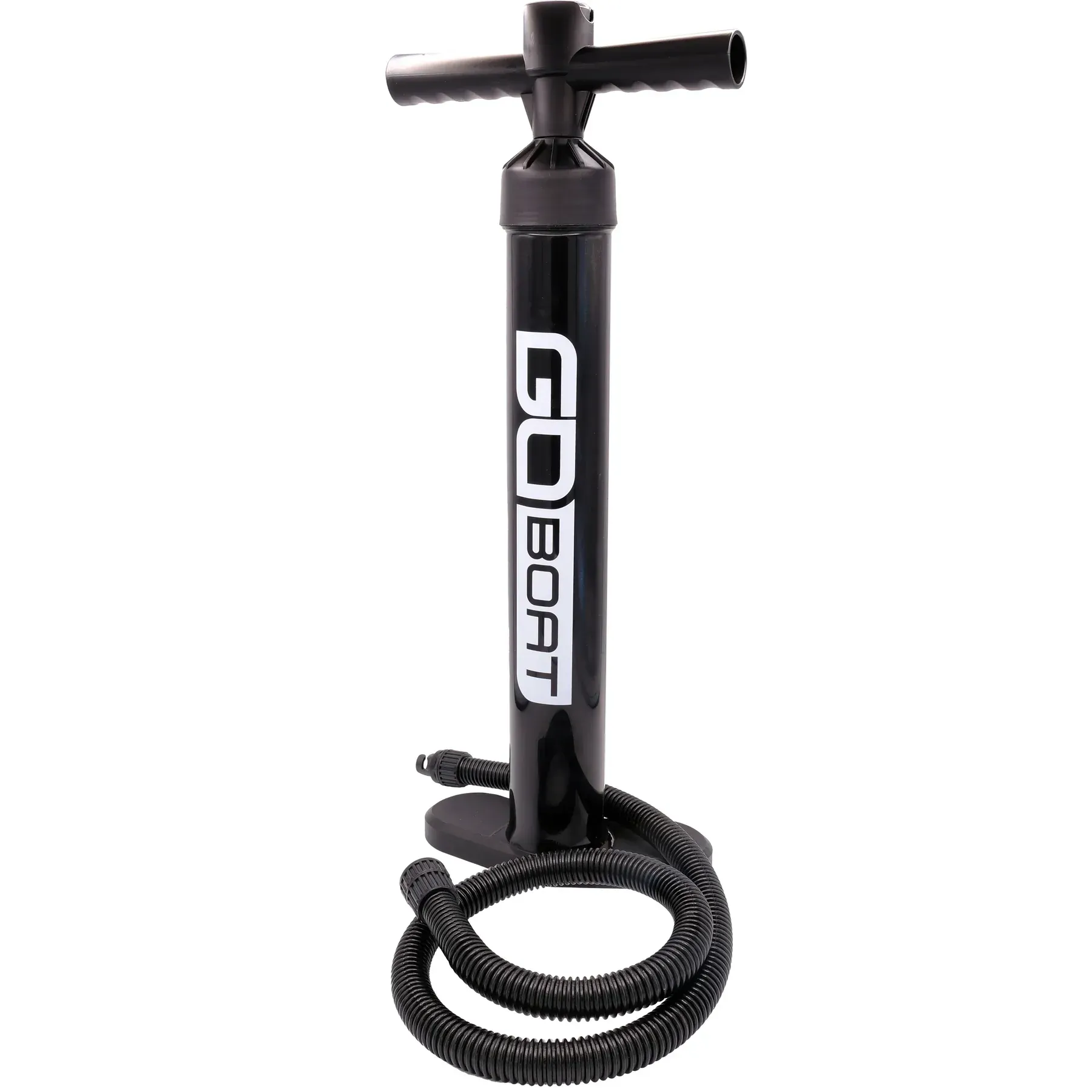 A black air pump with a hose attached to it on a white background.