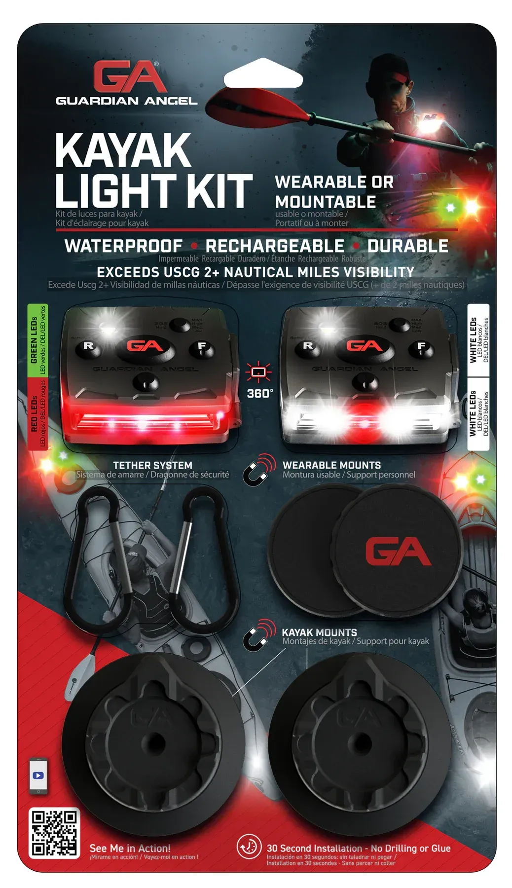 A man is riding a kayak with a light kit attached to it.