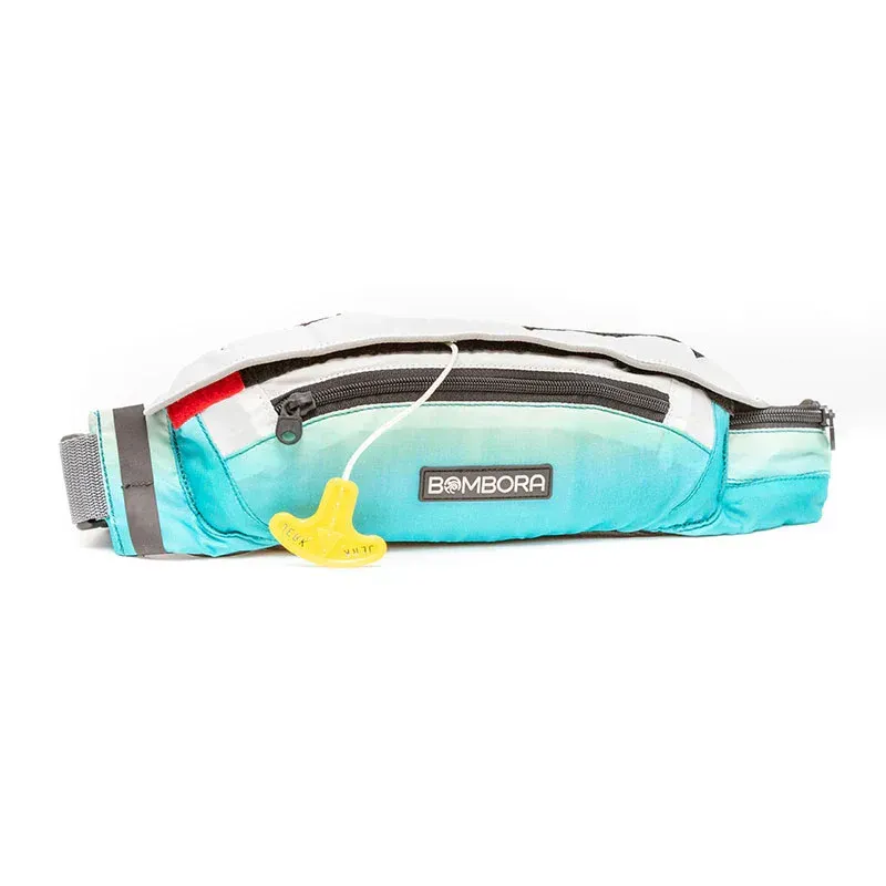 A blue and white waist bag with a yellow tag attached to it.
