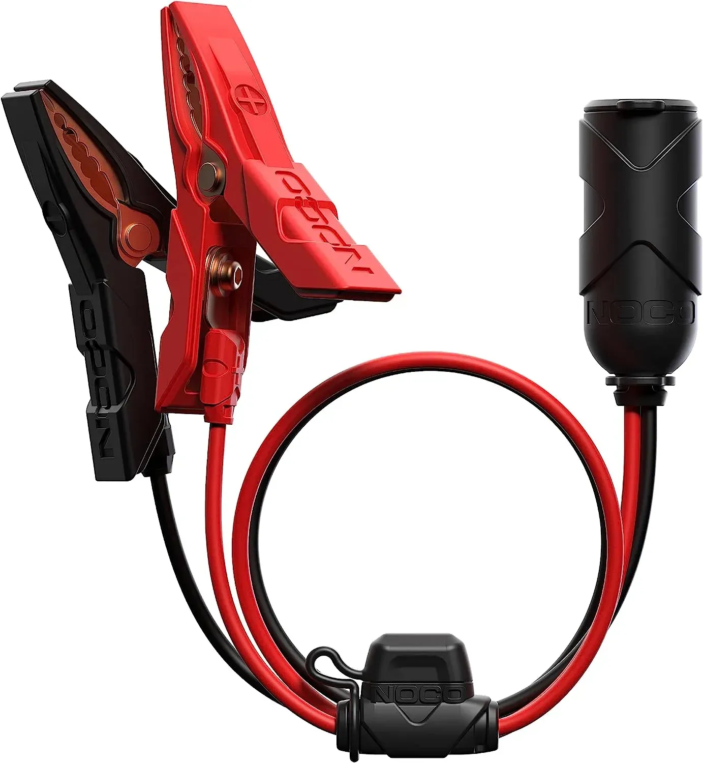 A pair of crocodile clips attached to a red and black cable