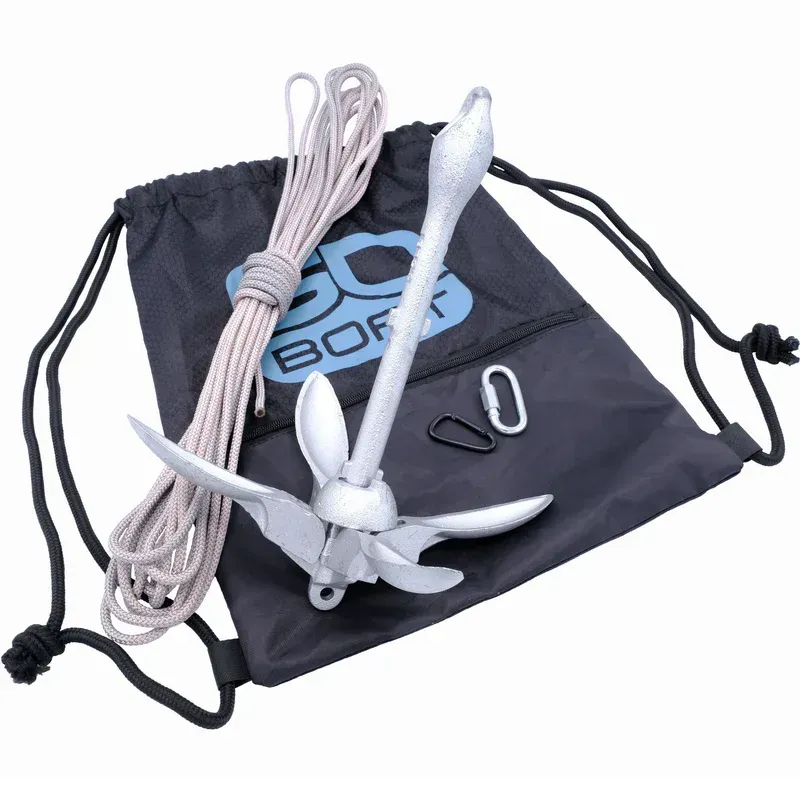 An anchor and rope are in a black bag with the word boat on it
