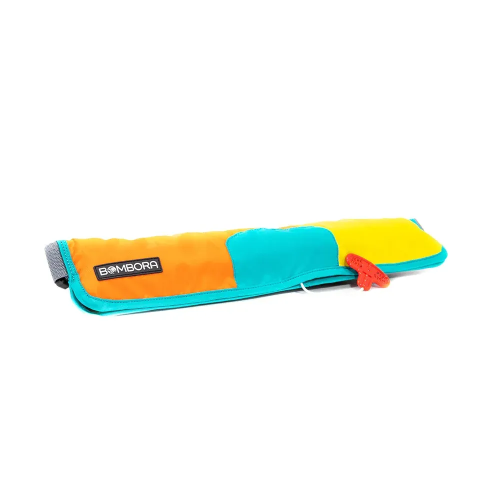 A colorful pencil case with a red zipper on a white background.