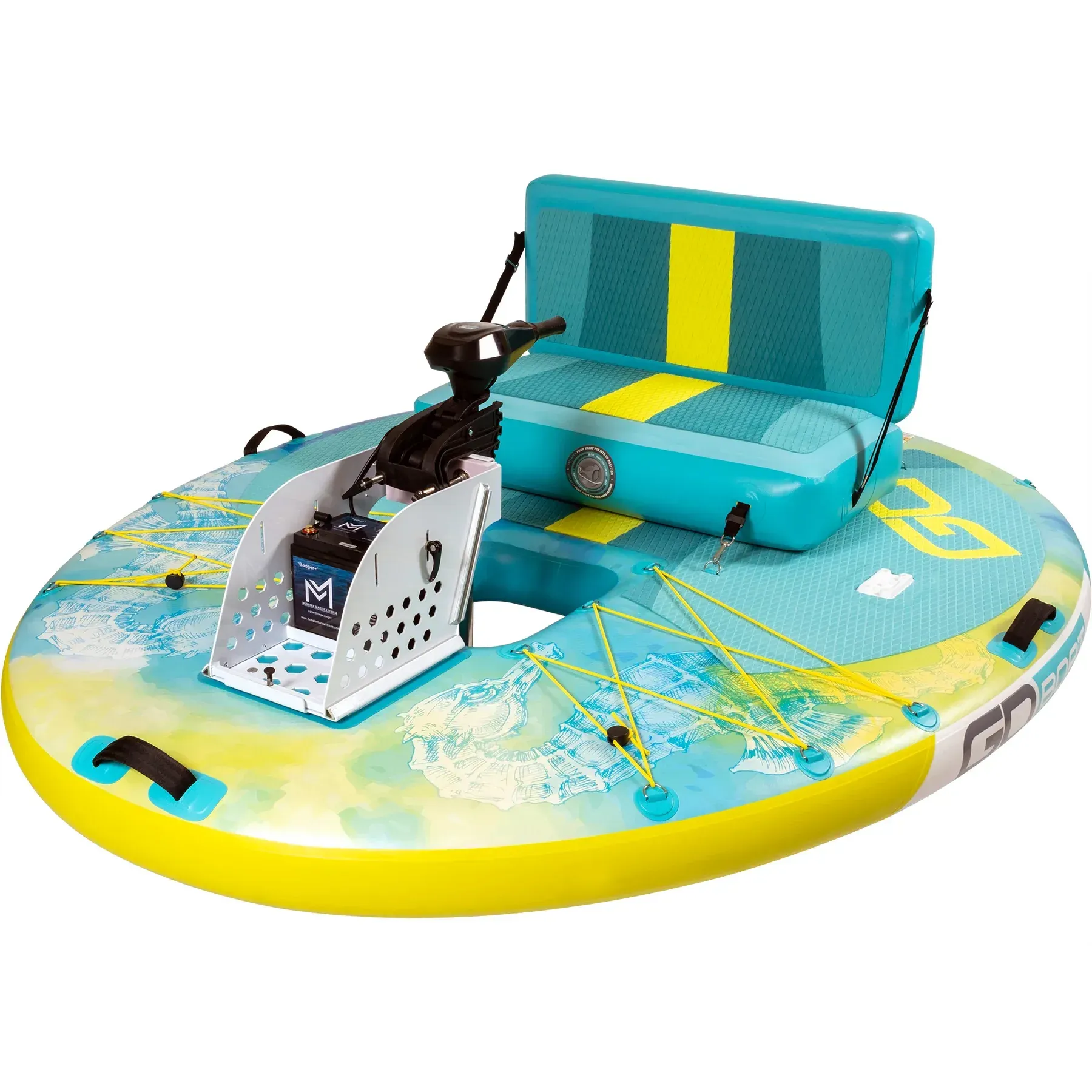 A blue and yellow inflatable raft with a seat and cooler attached to it.