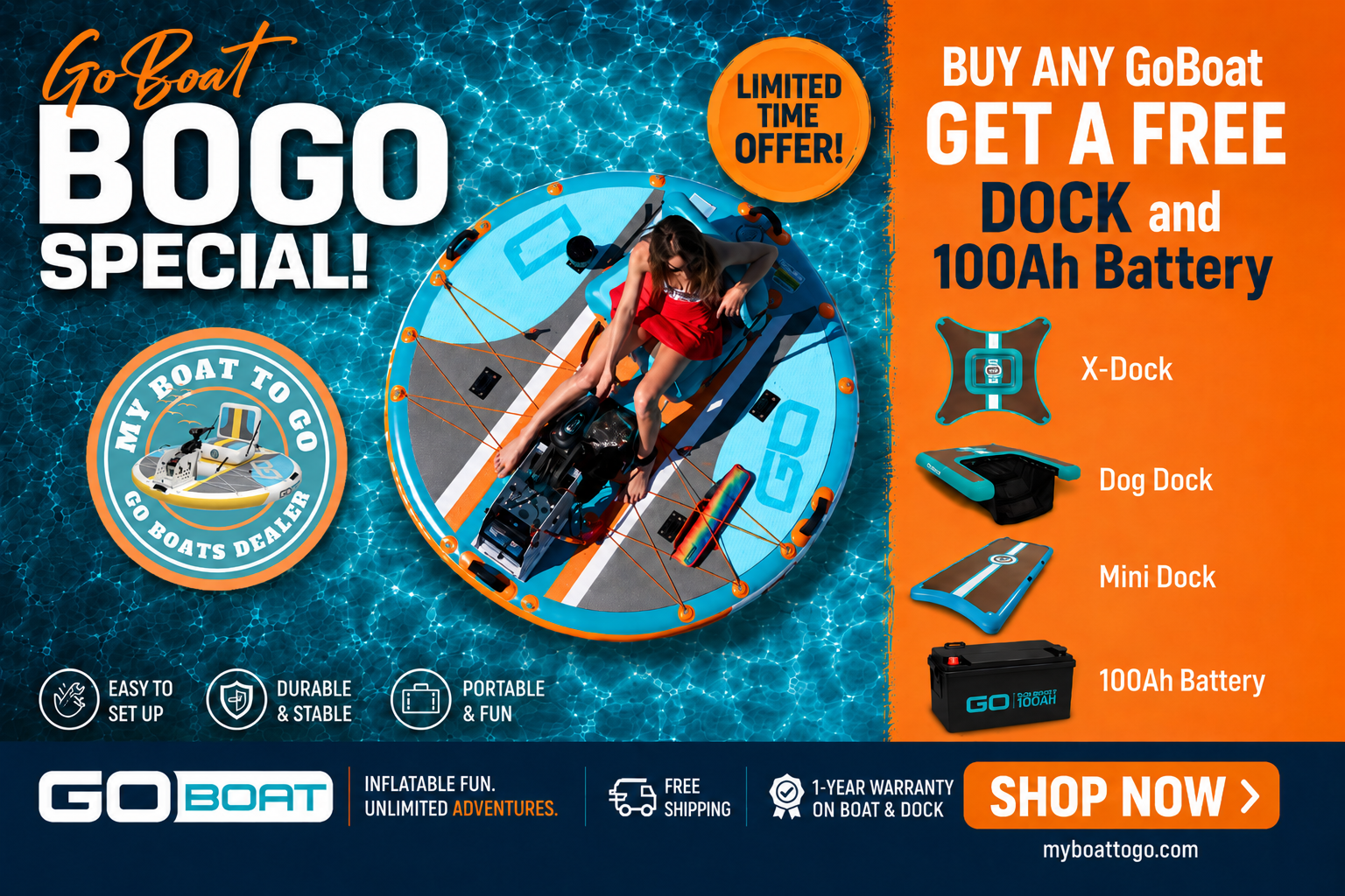 GoBoat BOGO special ad: buy a dock, get a free 100Ah battery, with a kayak on blue background