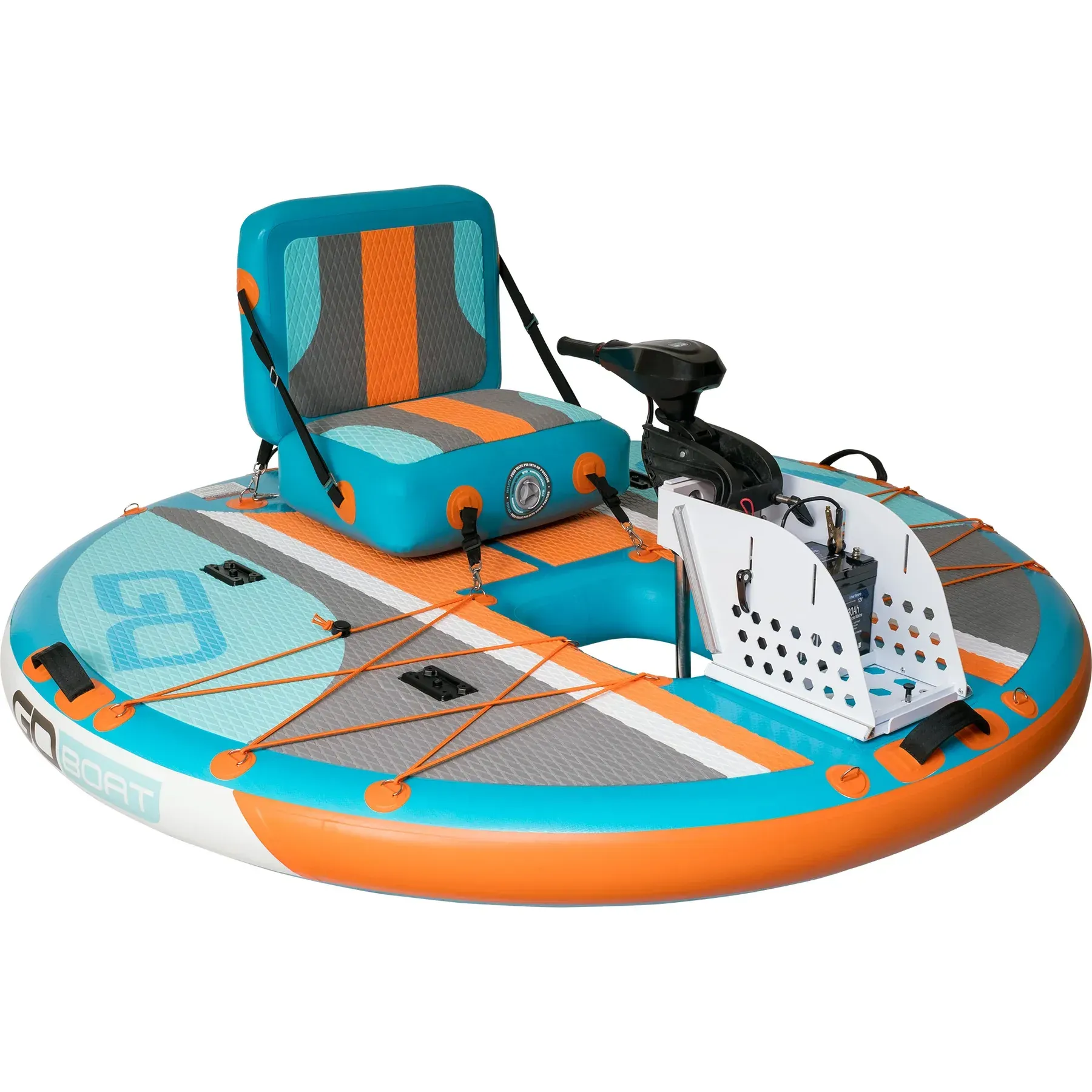 A blue and orange inflatable raft with a motor attached to it.