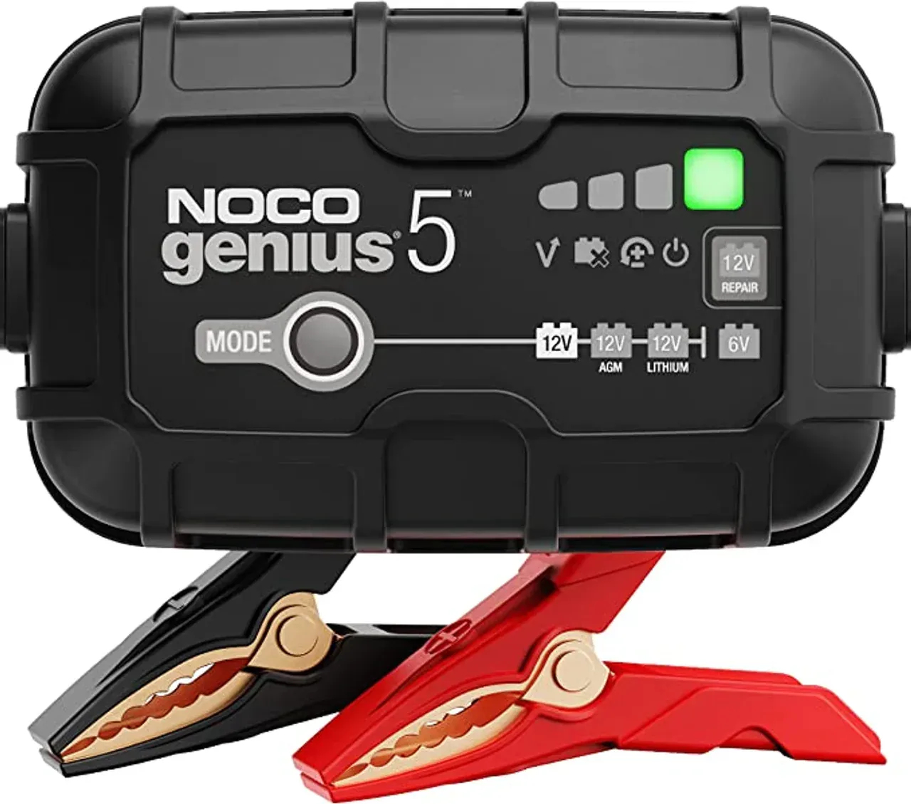A noco genius 5 battery charger with red clamps