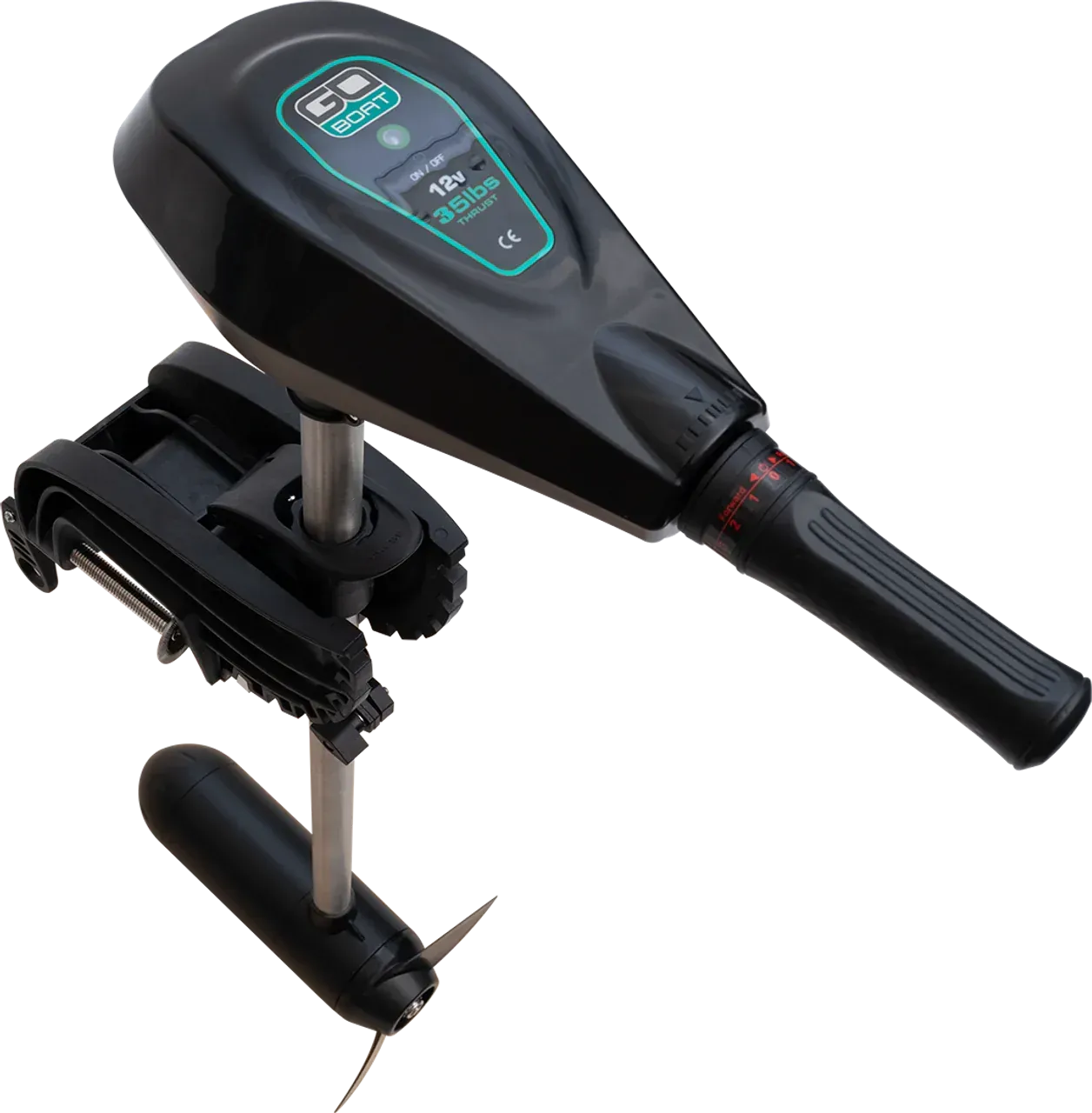 A black and green boat motor with a handle on a white background