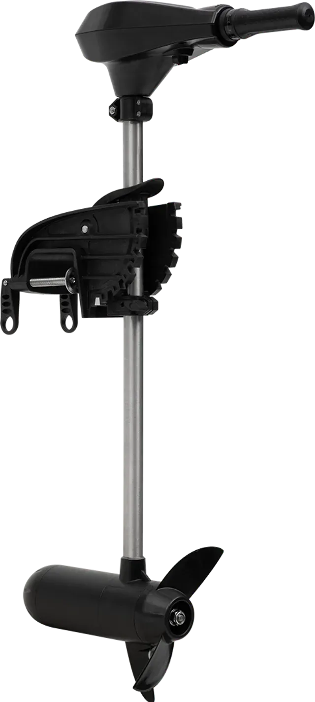 A close up of an electric outboard motor on a white background.