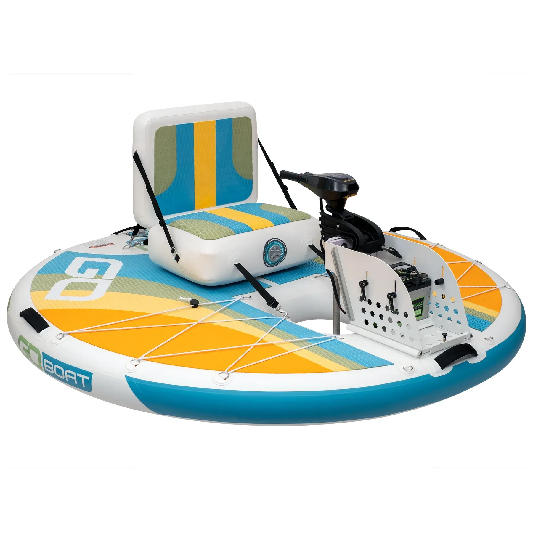 An inflatable boat with a seat and motor attached to it.