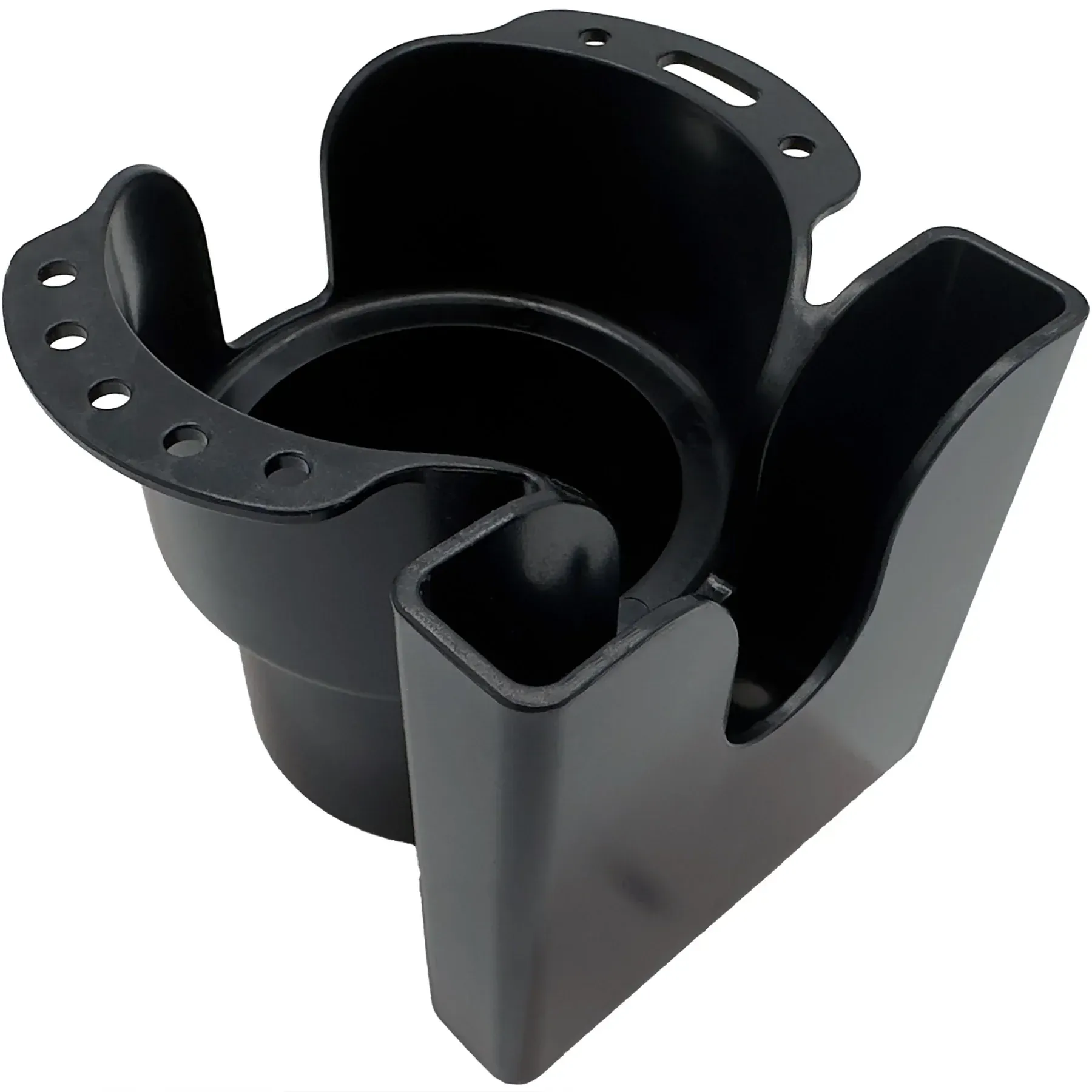 A black plastic cup holder with holes in it