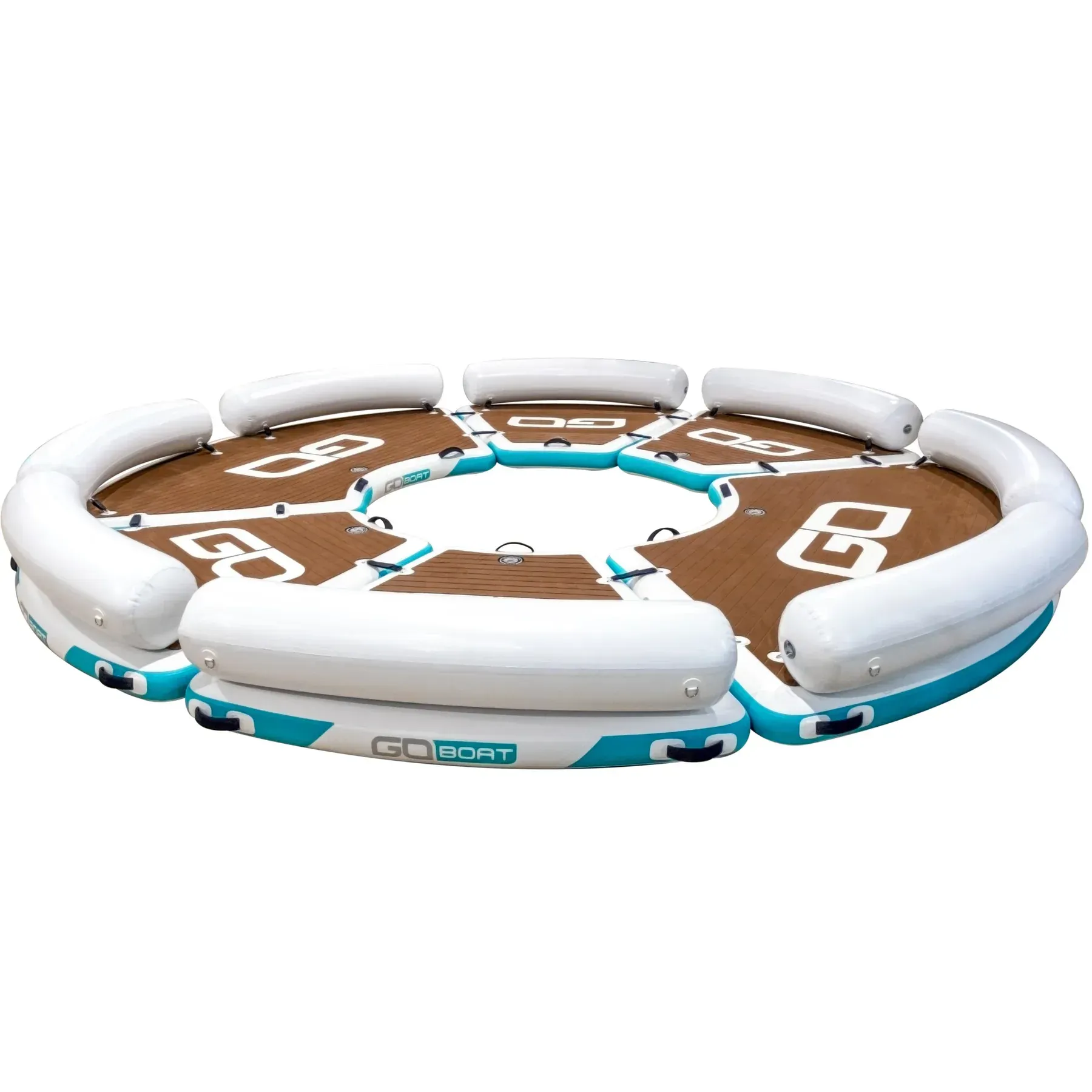A large inflatable raft with a wooden deck and cushions on a white background.