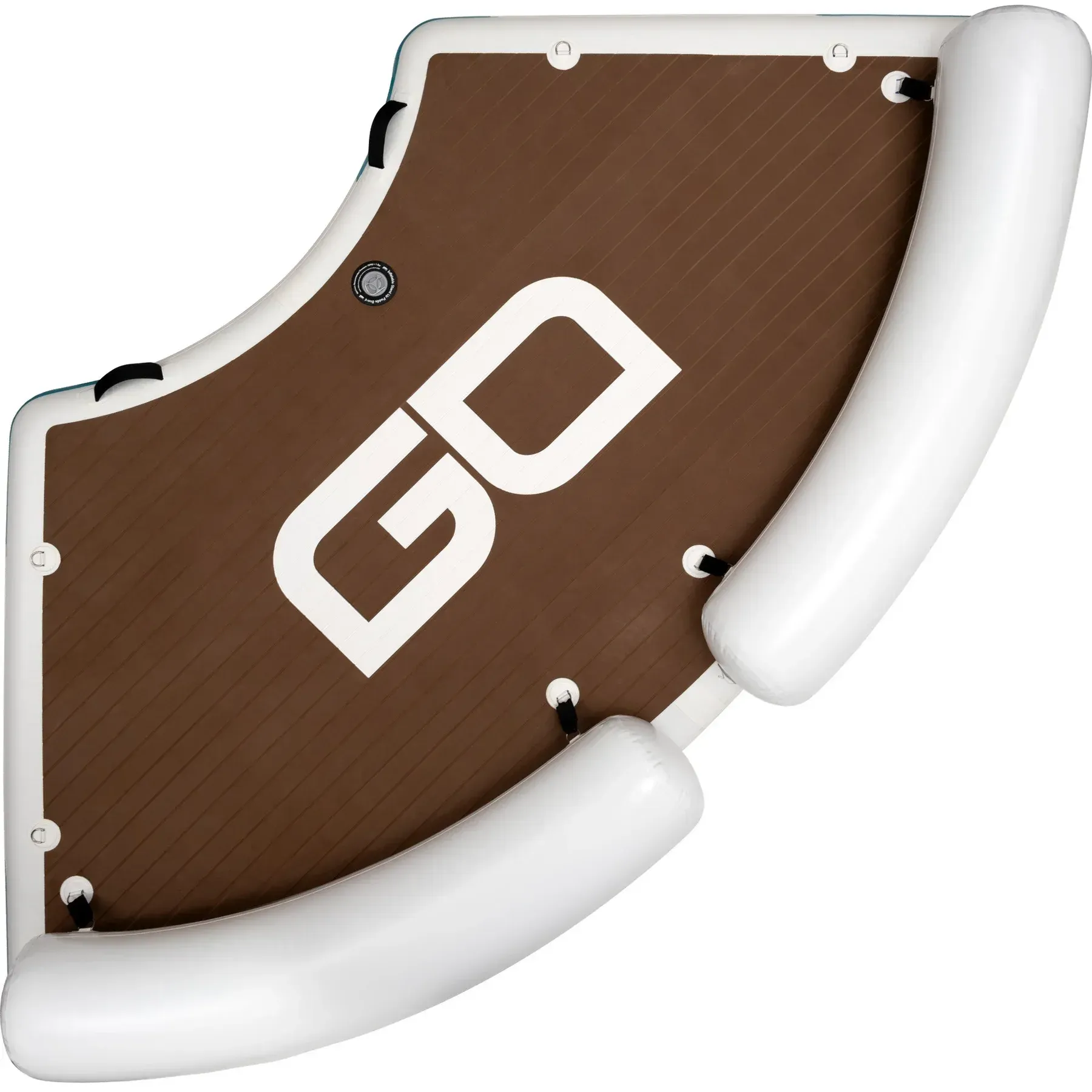 A brown and white inflatable mid-size dock that says go on it