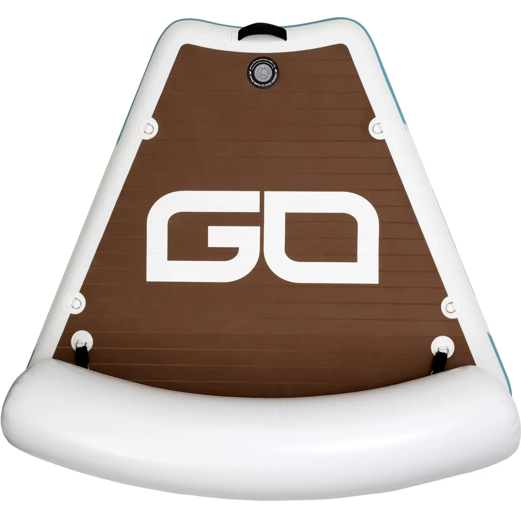 A brown and white float with the word go on it