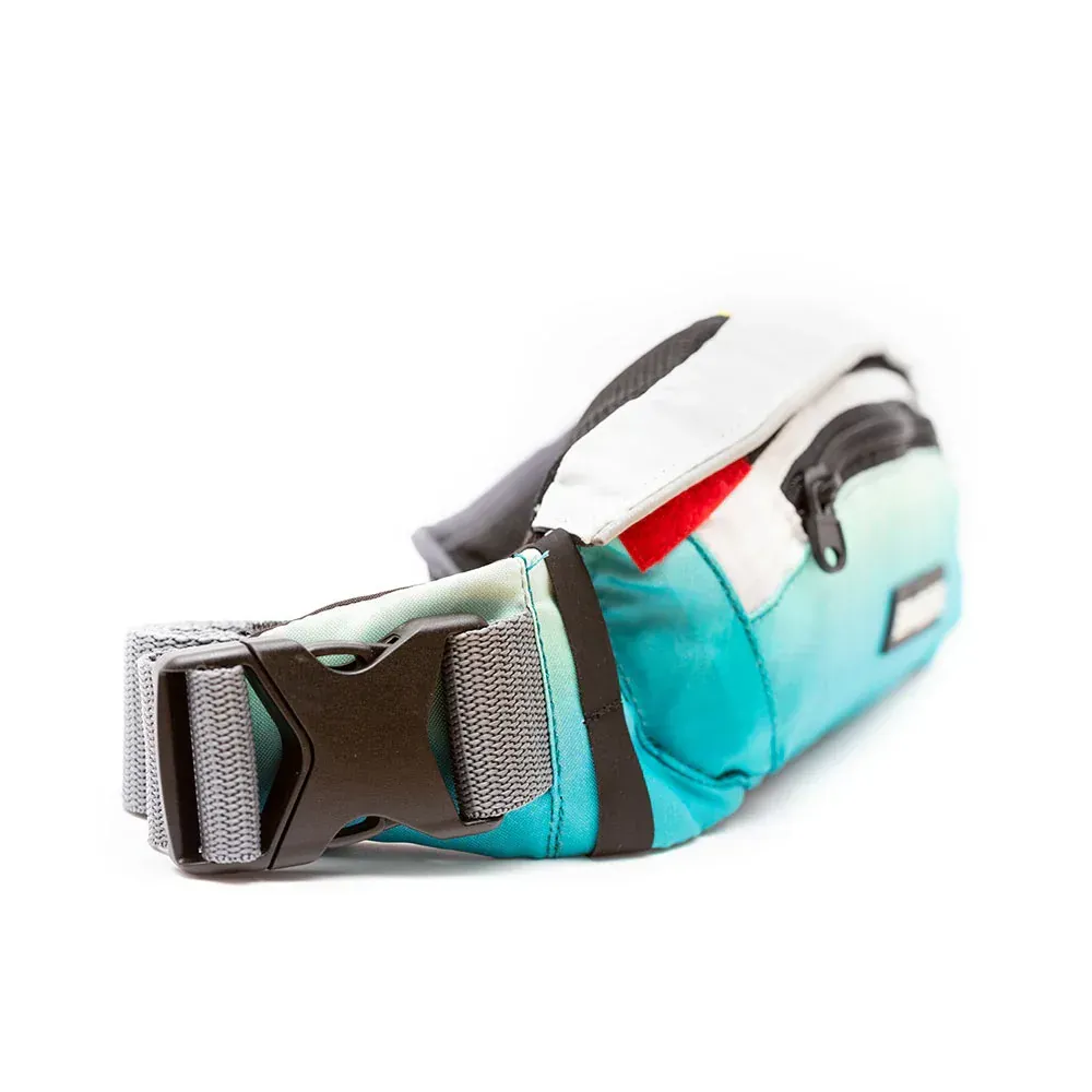 A blue and white waist bag with a brown buckle