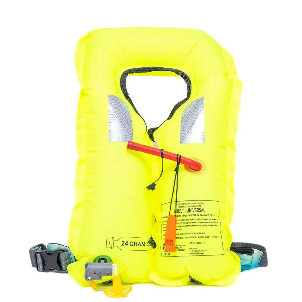 A yellow life jacket is sitting on a white surface.