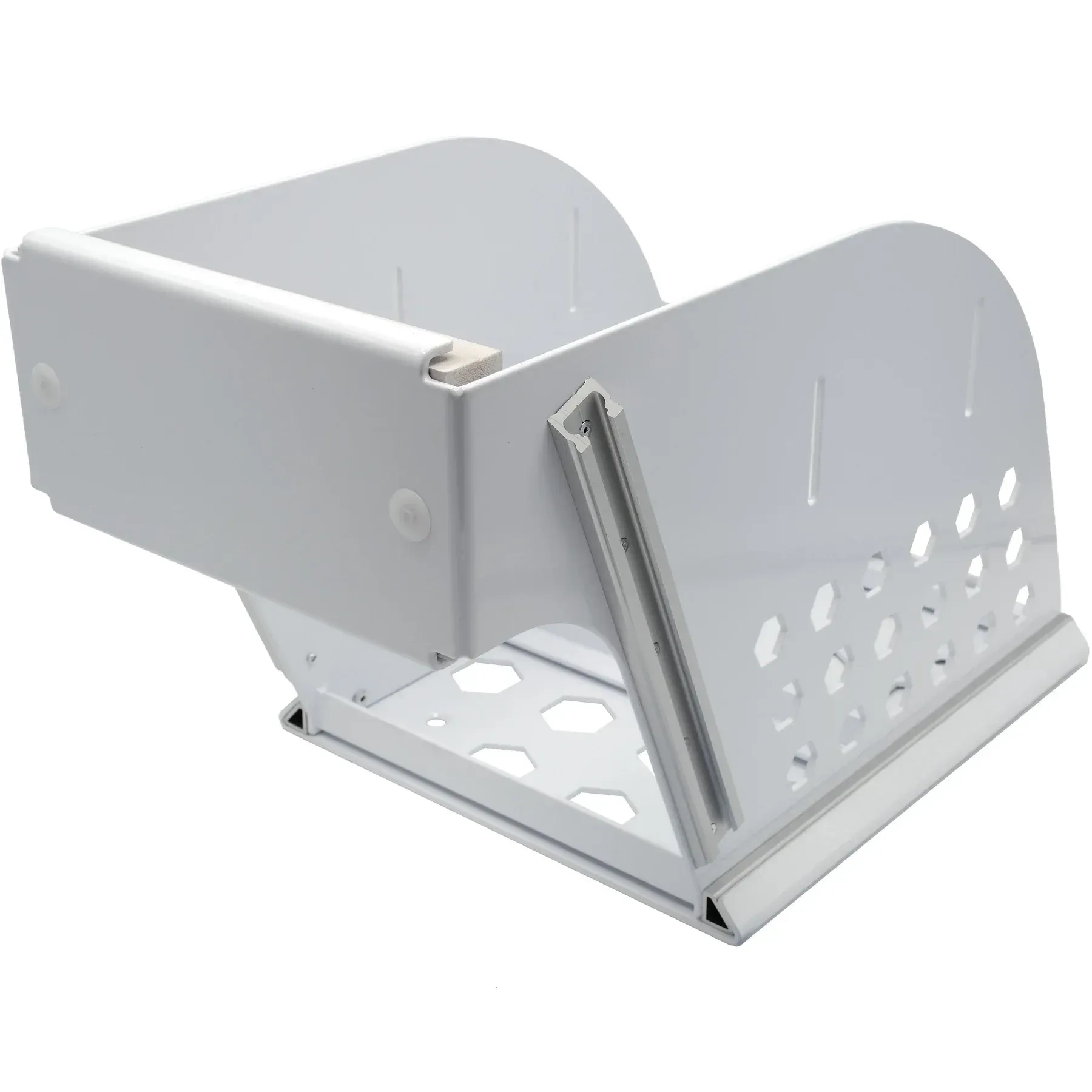 A white plastic container with holes in it on a white background