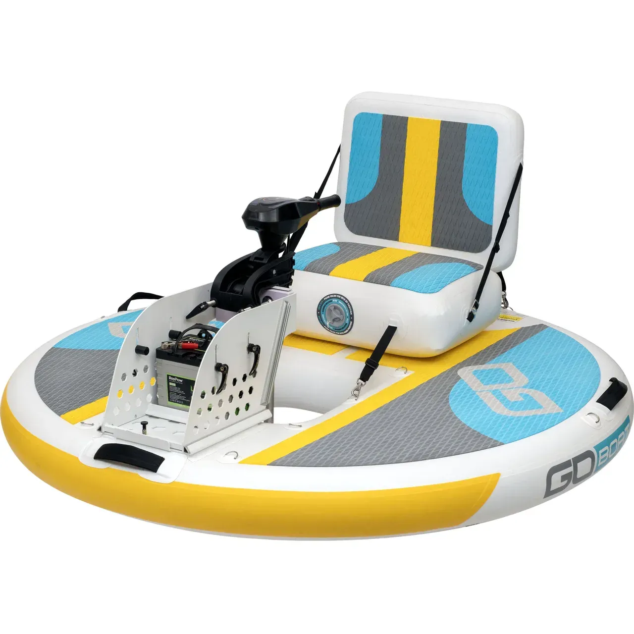 An inflatable boat with a seat and motor attached to it