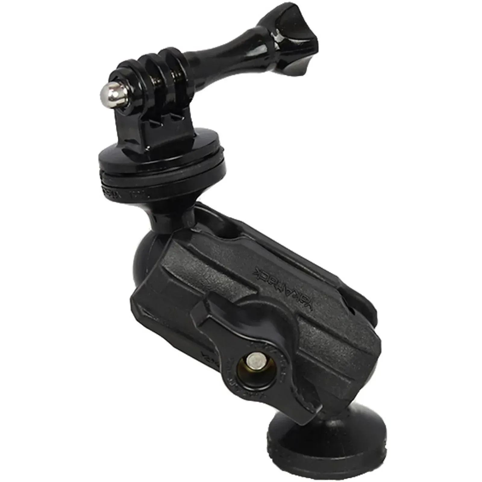 A black camera mount with a gopro head attached to it.